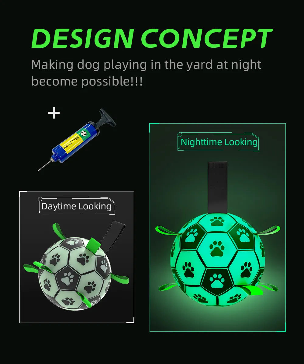 Dog Soccer Ball Toy with Tabs includes Free Pump Glow in the Dark or Standard in two sizes