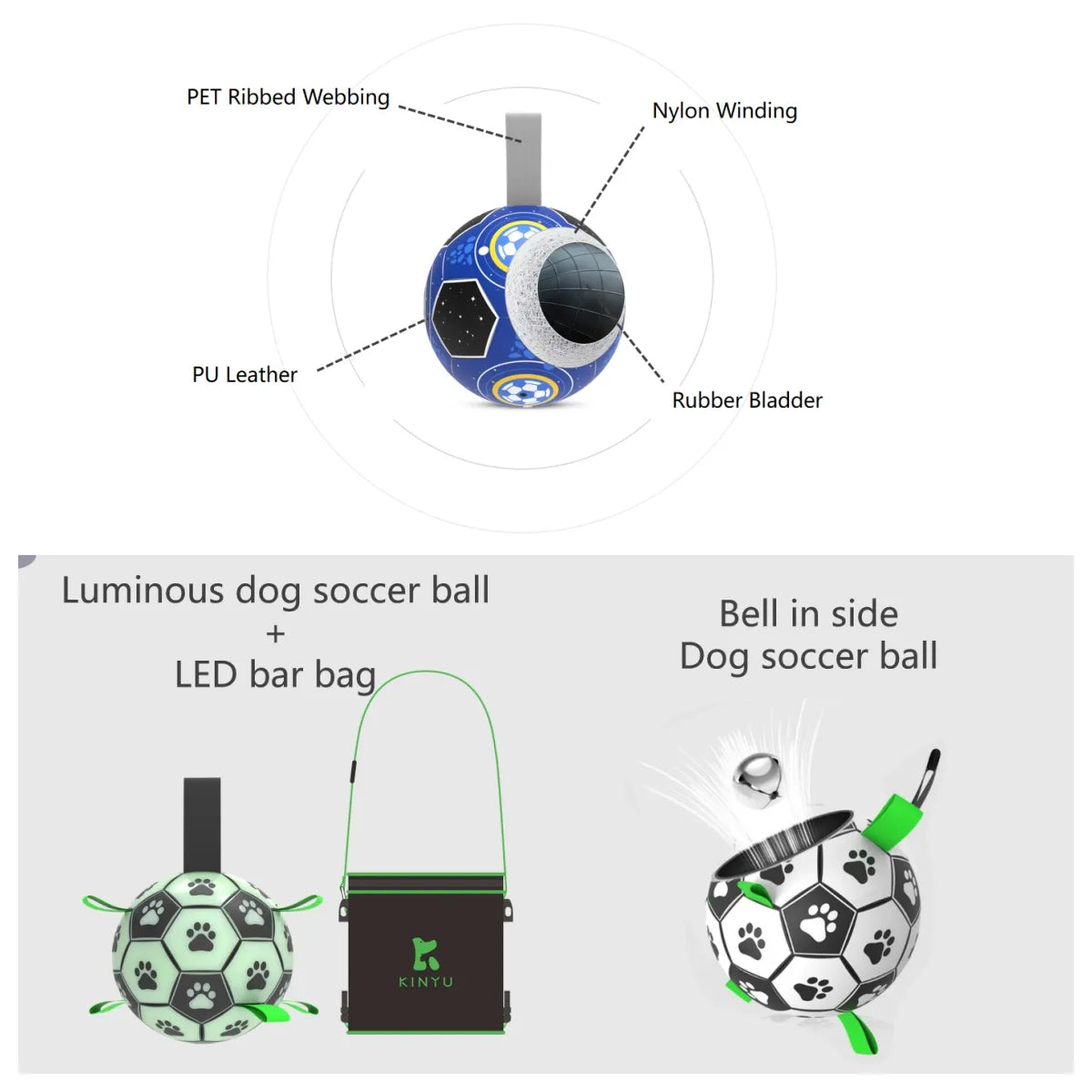 Dog Soccer Ball Toy with Tabs includes Free Pump Glow in the Dark or Standard in two sizes